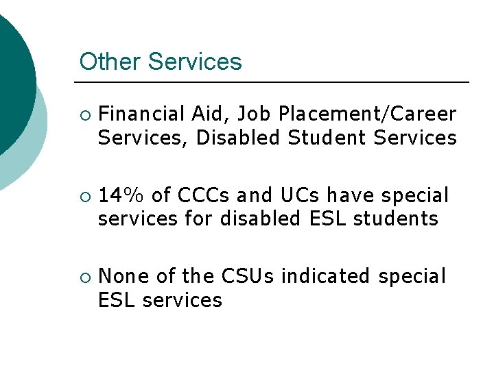 Other Services ¡ ¡ ¡ Financial Aid, Job Placement/Career Services, Disabled Student Services 14%
