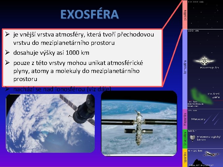 EXOSFÉRA Ø je vnější vrstva atmosféry, která tvoří přechodovou vrstvu do meziplanetárního prostoru Ø EXOSFÉRA Ø je vnější vrstva atmosféry, která tvoří přechodovou vrstvu do meziplanetárního prostoru Ø