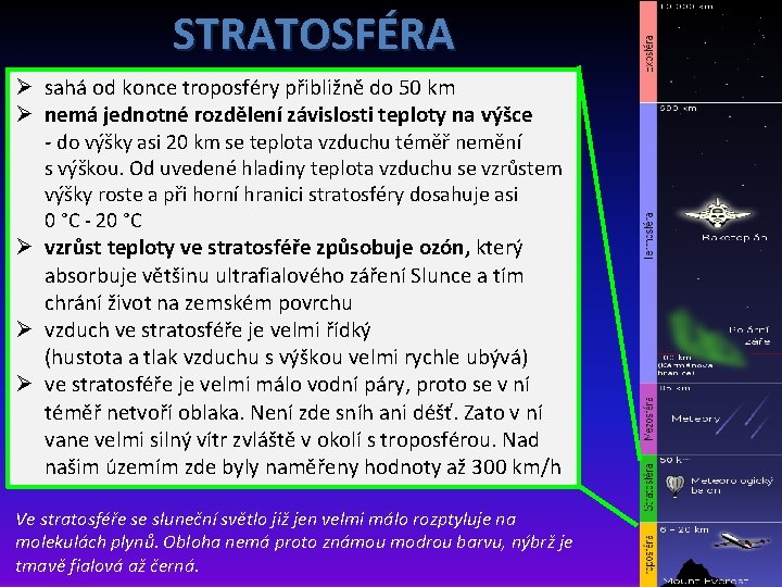 STRATOSFÉRA Ø sahá od konce troposféry přibližně do 50 km Ø nemá jednotné rozdělení STRATOSFÉRA Ø sahá od konce troposféry přibližně do 50 km Ø nemá jednotné rozdělení