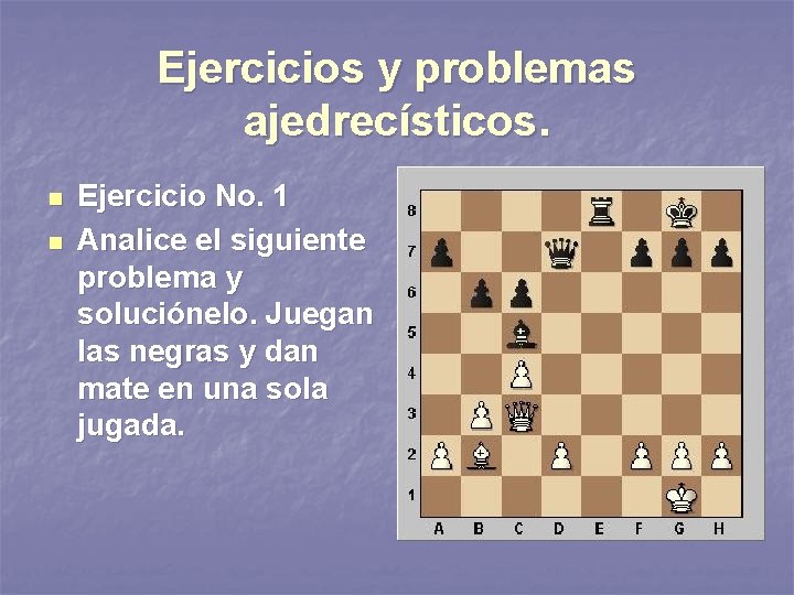 Ejercicios y problemas ajedrecísticos. n n Ejercicio No. 1 Analice el siguiente problema y