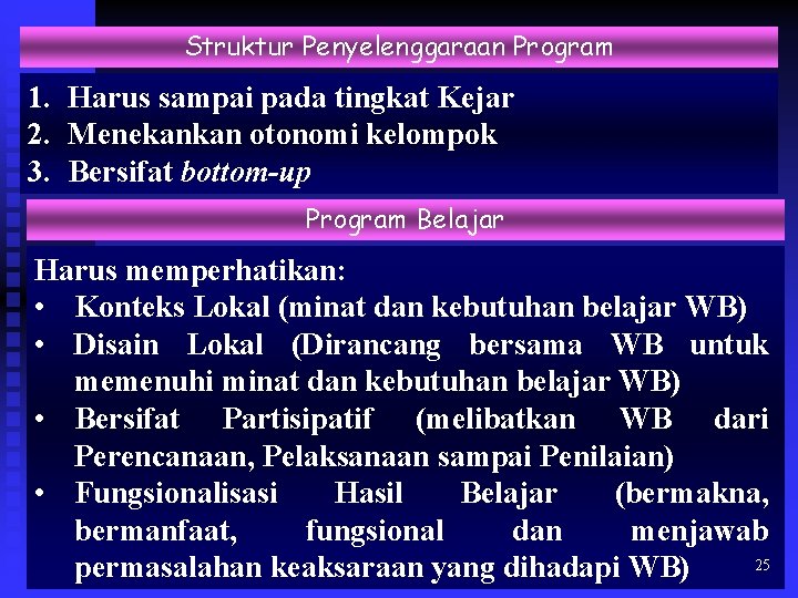 Struktur Penyelenggaraan Program 1. Harus sampai pada tingkat Kejar 2. Menekankan otonomi kelompok 3.