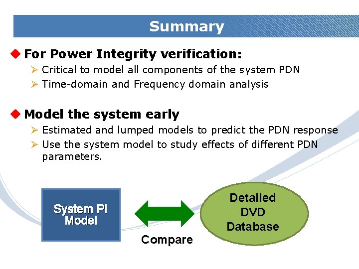 Summary u For Power Integrity verification: Ø Critical to model all components of the