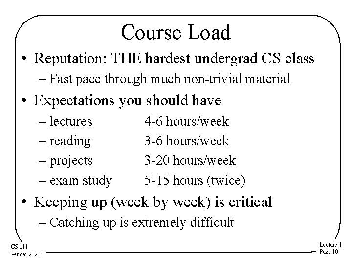 Course Load • Reputation: THE hardest undergrad CS class – Fast pace through much Course Load • Reputation: THE hardest undergrad CS class – Fast pace through much
