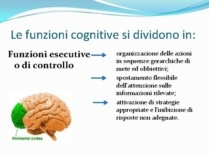 Le funzioni cognitive si dividono in: Funzioni esecutive o di controllo organizzazione delle azioni
