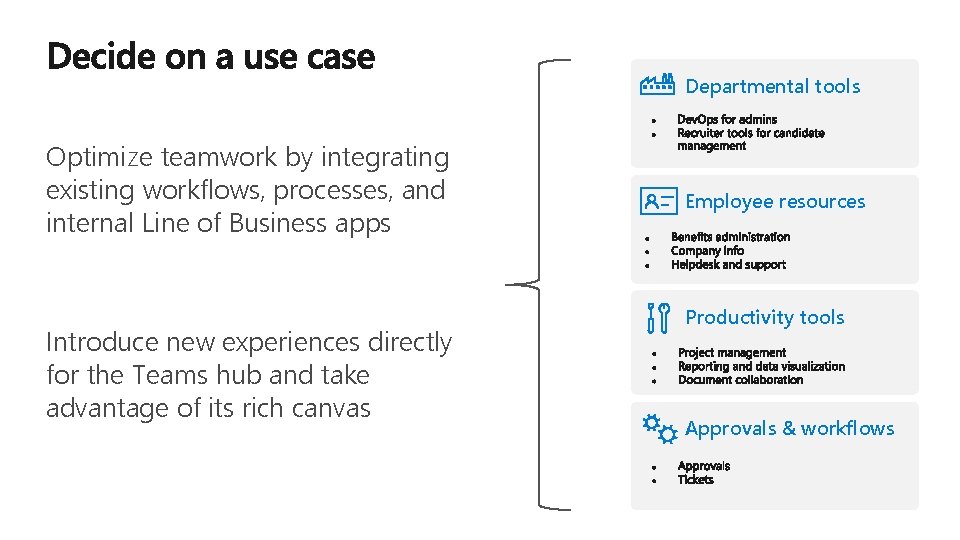 Departmental tools Optimize teamwork by integrating existing workflows, processes, and internal Line of Business Departmental tools Optimize teamwork by integrating existing workflows, processes, and internal Line of Business