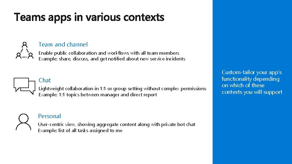 Team and channel Enable public collaboration and workflows with all team members Example: share, Team and channel Enable public collaboration and workflows with all team members Example: share,