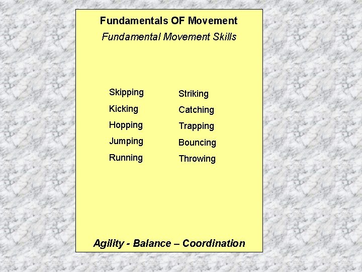 Fundamentals OF Movement Fundamental Movement Skills Skipping Striking Kicking Catching Hopping Trapping Jumping Bouncing