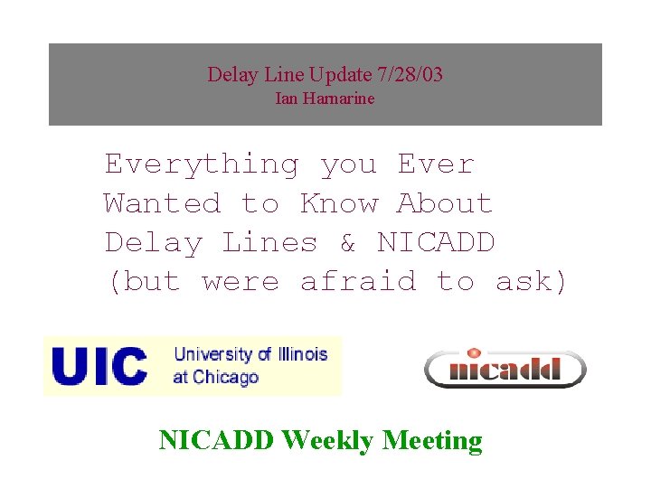 Delay Line Update 7/28/03 Ian Harnarine Everything you Ever Wanted to Know About Delay