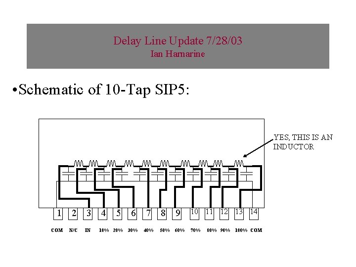 Delay Line Update 7/28/03 Ian Harnarine • Schematic of 10 -Tap SIP 5: YES,