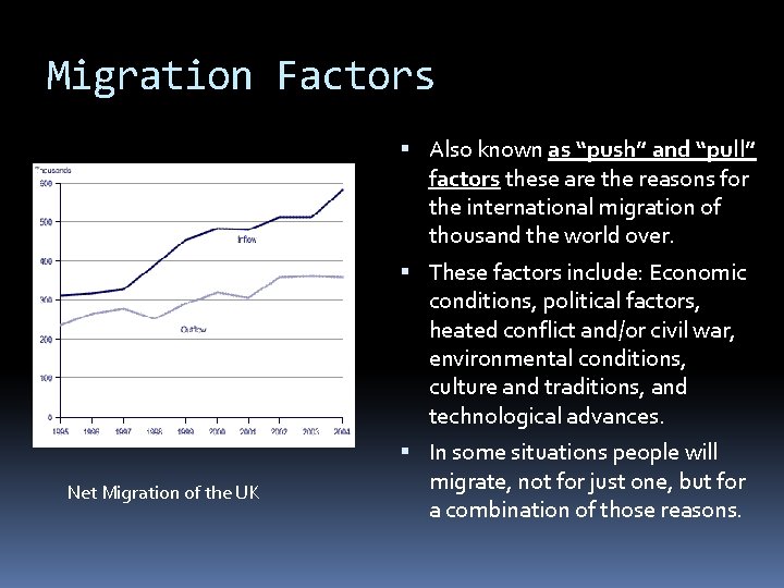 Migration Factors Also known as “push” and “pull” factors these are the reasons for