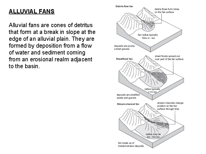 ALLUVIAL FANS Alluvial fans are cones of detritus that form at a break in