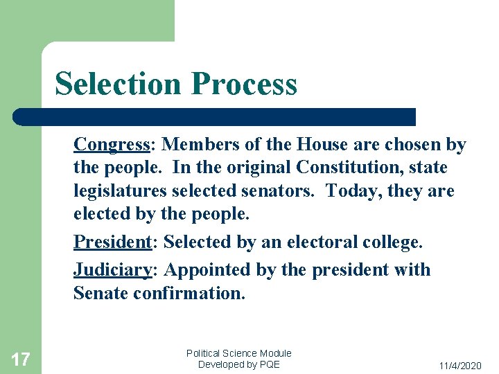 Selection Process Congress: Members of the House are chosen by the people. In the