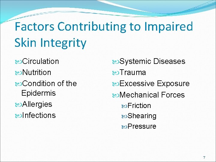 Factors Contributing to Impaired Skin Integrity Circulation Nutrition Condition of the Epidermis Allergies Infections