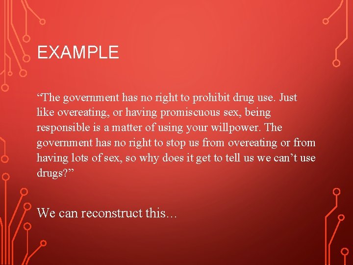 EXAMPLE “The government has no right to prohibit drug use. Just like overeating, or