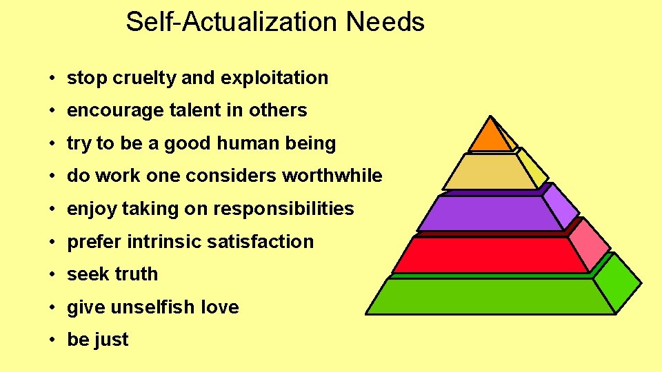 Self-Actualization Needs • stop cruelty and exploitation • encourage talent in others • try