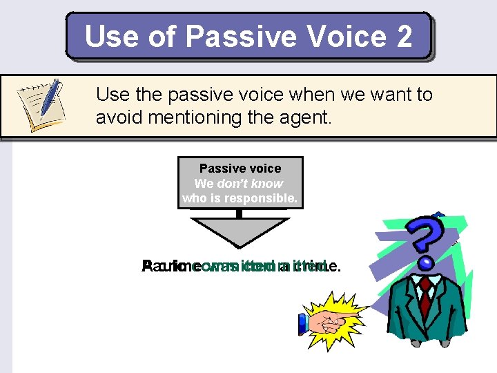 Use of Passive Voice 2 Use the passive voice when we want to avoid