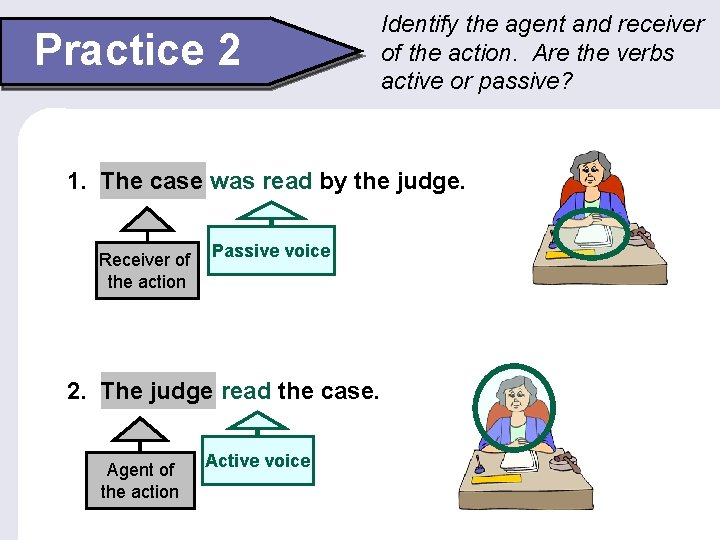 Practice 2 Identify the agent and receiver of the action. Are the verbs active