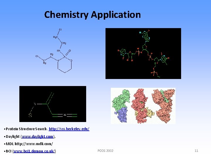 Chemistry Application • Protein Structure Search. http: //sss. berkeley. edu/ • Daylight (www. daylight.