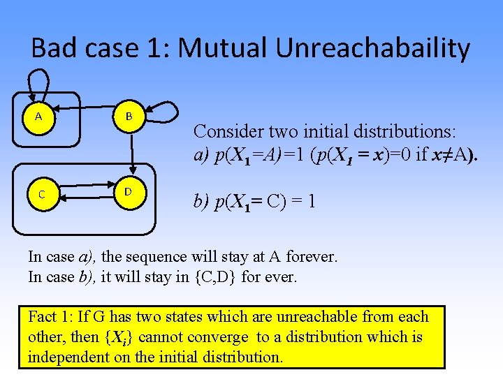 Bad case 1: Mutual Unreachabaility A B C D Consider two initial distributions: a)