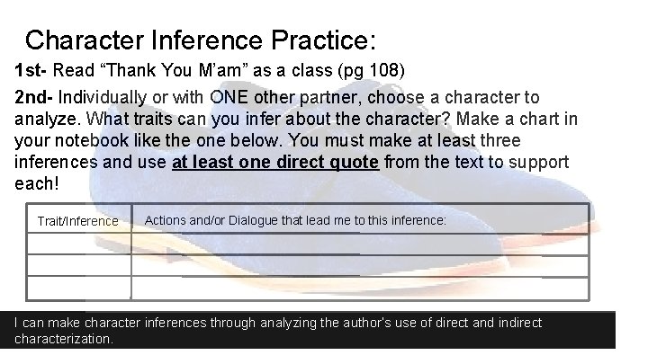 Character Inference Practice: 1 st- Read “Thank You M’am” as a class (pg 108)