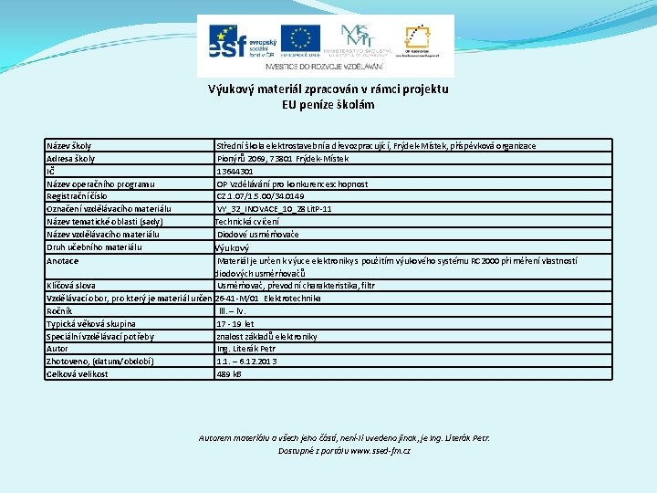 Výukový materiál zpracován v rámci projektu EU peníze školám Název školy Adresa školy IČ