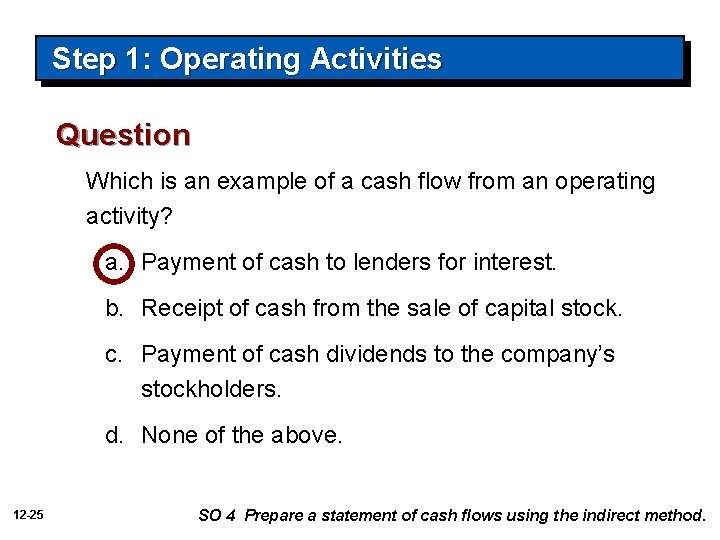 Step 1: Operating Activities Question Which is an example of a cash flow from