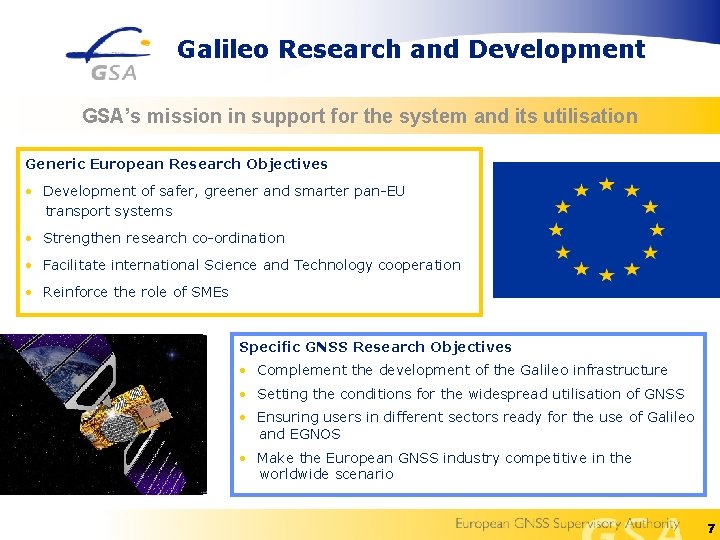 Galileo Research and Development GSA’s mission in support for the system and its utilisation