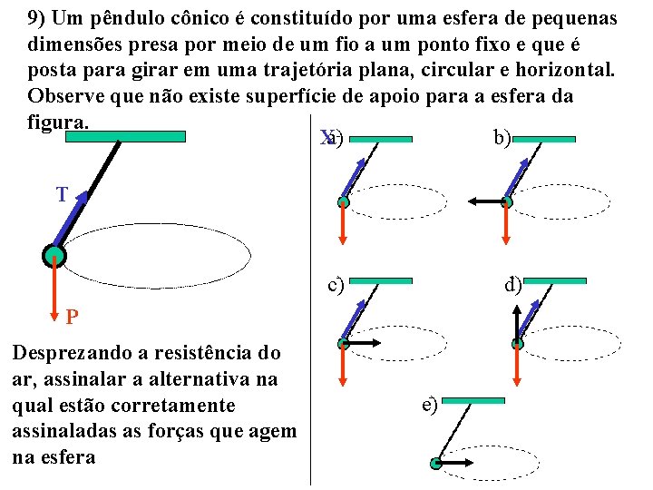 9) Um pêndulo cônico é constituído por uma esfera de pequenas dimensões presa por