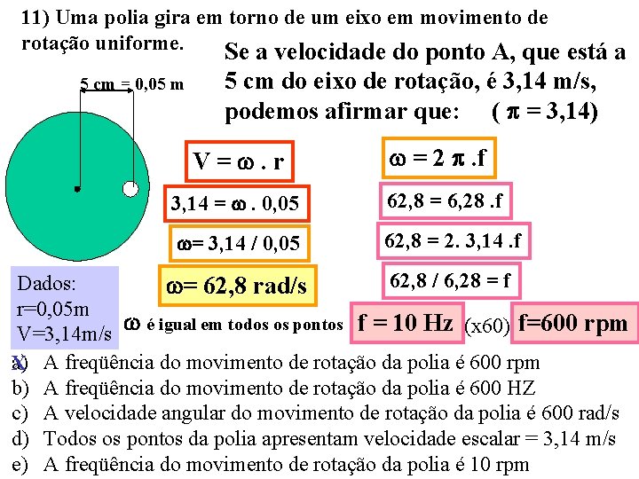 11) Uma polia gira em torno de um eixo em movimento de rotação uniforme.