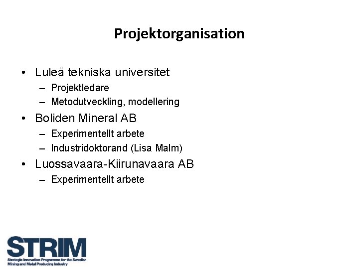 Projektorganisation • Luleå tekniska universitet – Projektledare – Metodutveckling, modellering • Boliden Mineral AB