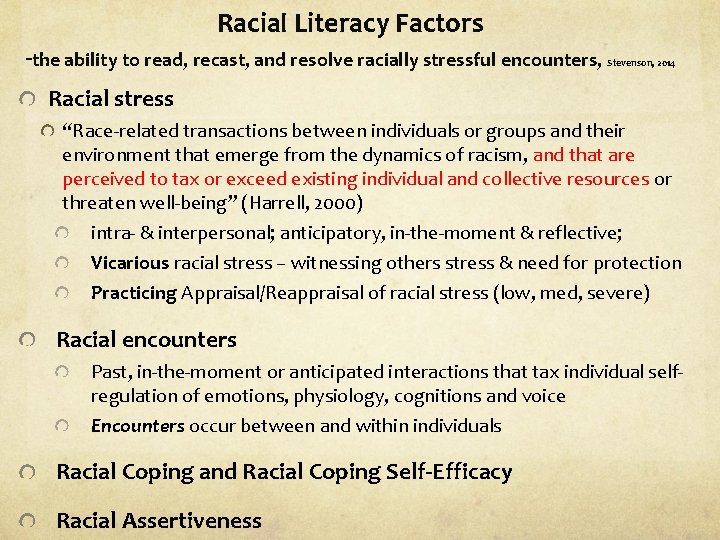 Racial Literacy Factors -the ability to read, recast, and resolve racially stressful encounters, Stevenson,