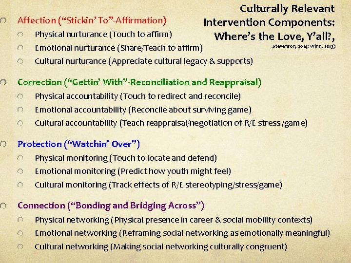 Affection (“Stickin’ To”-Affirmation) Physical nurturance (Touch to affirm) Culturally Relevant Intervention Components: Where’s the