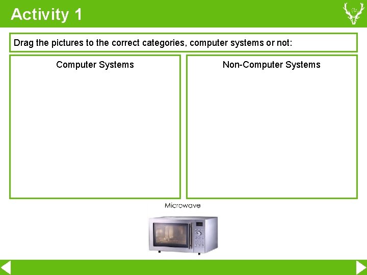 Activity 1 Drag the pictures to the correct categories, computer systems or not: Computer