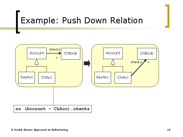 Example: Push Down Relation Account checks Ch. Book Account * Sav. Acc Ch. Book