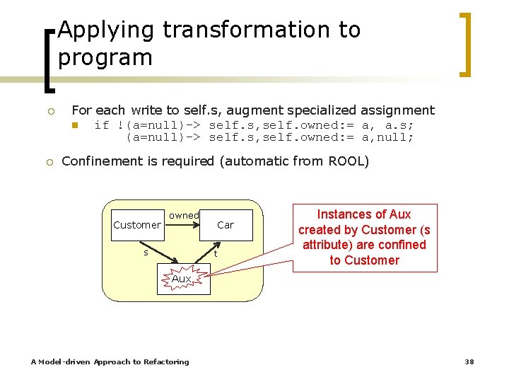 Applying transformation to program ¡ ¡ For each write to self. s, augment specialized