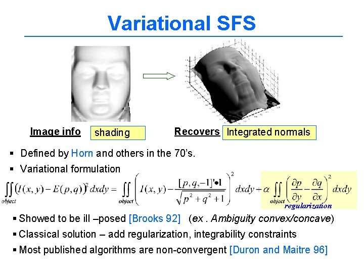 Variational SFS Image info shading Recovers Integrated normals § Defined by Horn and others