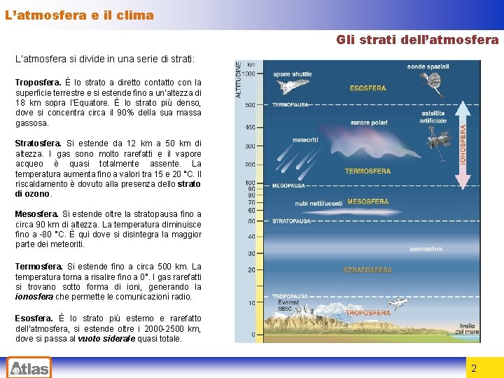 L’atmosfera e il clima Gli strati dell’atmosfera L’atmosfera si divide in una serie di