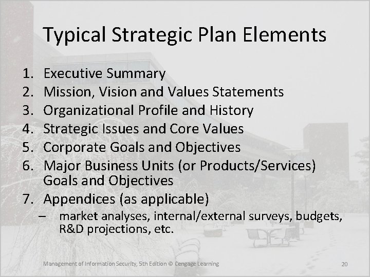 Typical Strategic Plan Elements 1. 2. 3. 4. 5. 6. Executive Summary Mission, Vision