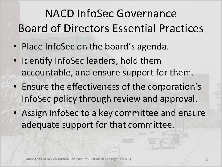 NACD Info. Sec Governance Board of Directors Essential Practices • Place Info. Sec on