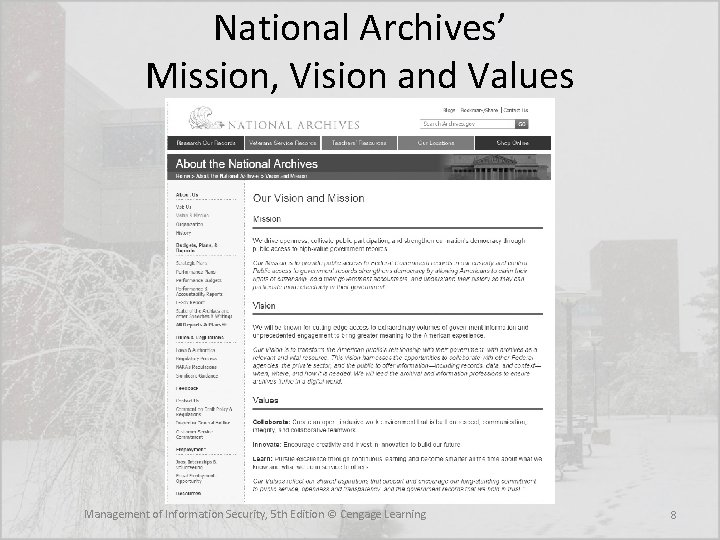 National Archives’ Mission, Vision and Values Management of Information Security, 5 th Edition ©