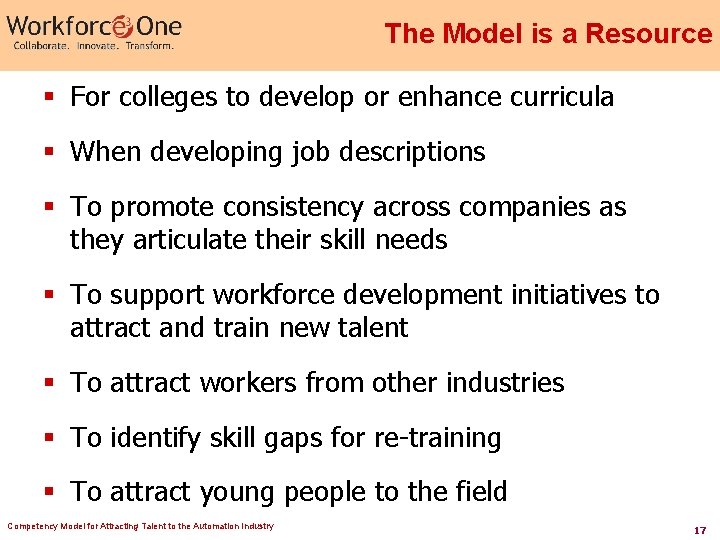 The Model is a Resource § For colleges to develop or enhance curricula §