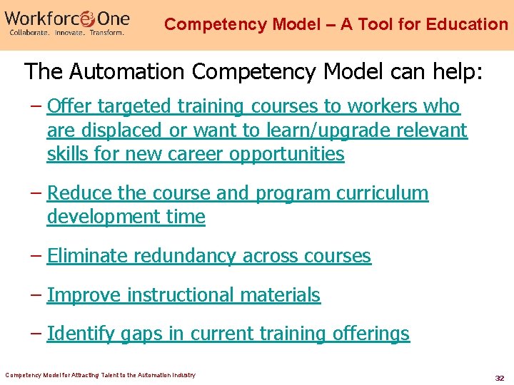 Competency Model – A Tool for Education The Automation Competency Model can help: –