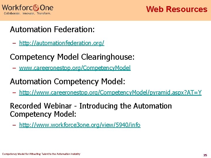 Web Resources Automation Federation: – http: //automationfederation. org/ Competency Model Clearinghouse: – www. careeronestop. Web Resources Automation Federation: – http: //automationfederation. org/ Competency Model Clearinghouse: – www. careeronestop.