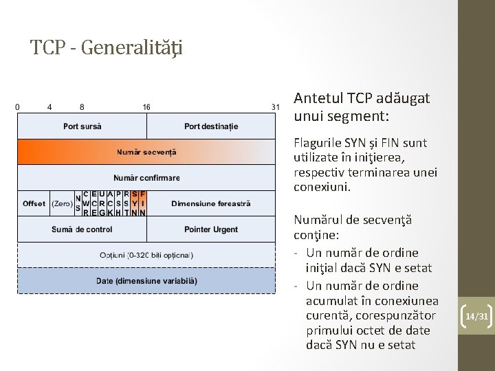 TCP - Generalităţi Antetul TCP adăugat unui segment: Flagurile SYN şi FIN sunt utilizate