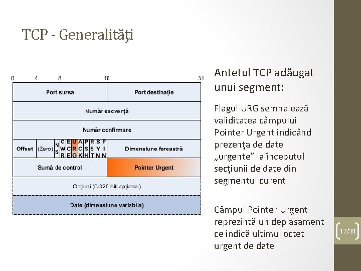 TCP - Generalităţi Antetul TCP adăugat unui segment: Flagul URG semnalează validitatea câmpului Pointer