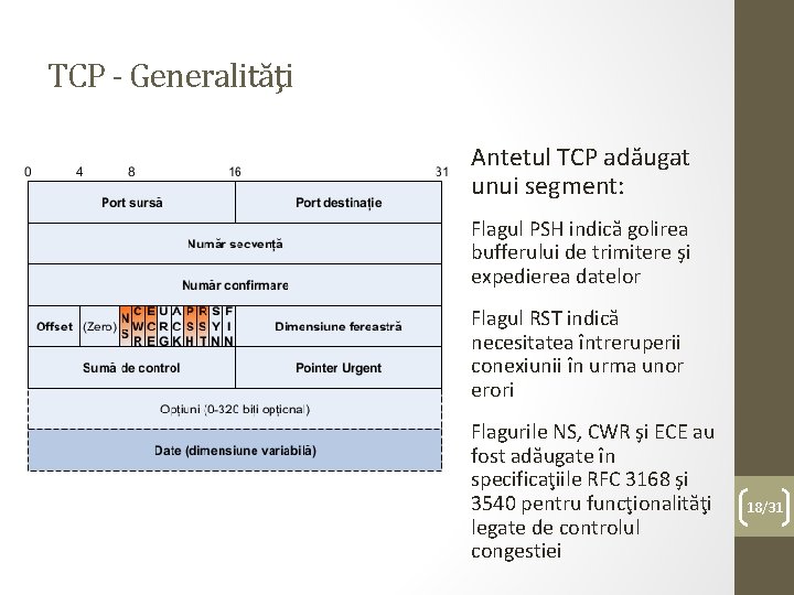 TCP - Generalităţi Antetul TCP adăugat unui segment: Flagul PSH indică golirea bufferului de