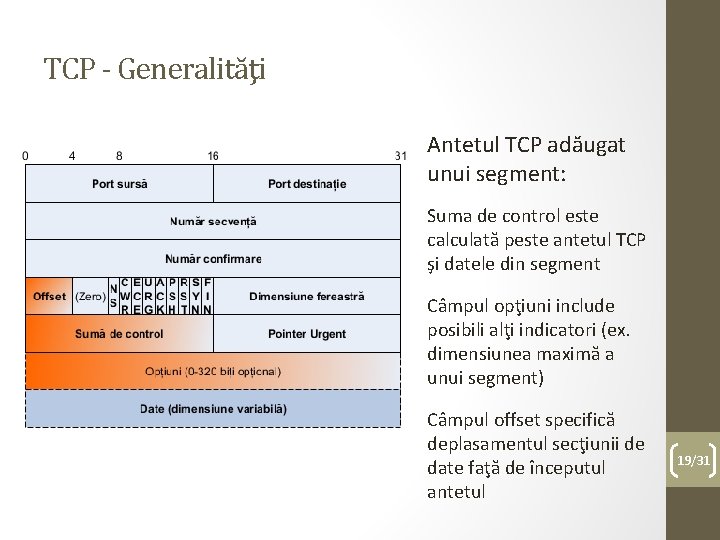 TCP - Generalităţi Antetul TCP adăugat unui segment: Suma de control este calculată peste