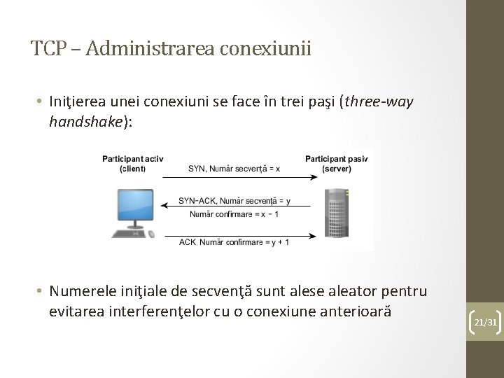 TCP – Administrarea conexiunii • Iniţierea unei conexiuni se face în trei paşi (three-way