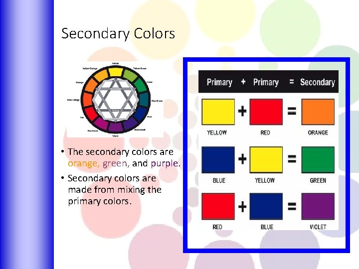Secondary Colors • The secondary colors are orange, green, and purple. • Secondary colors