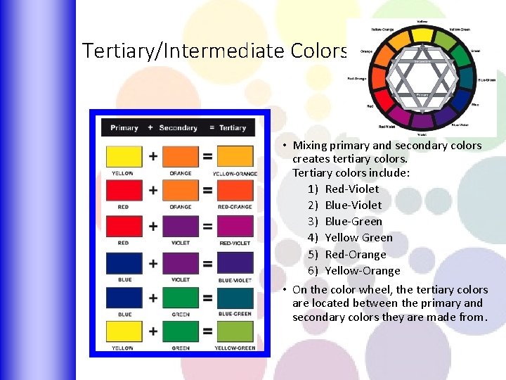Tertiary/Intermediate Colors • Mixing primary and secondary colors creates tertiary colors. Tertiary colors include: